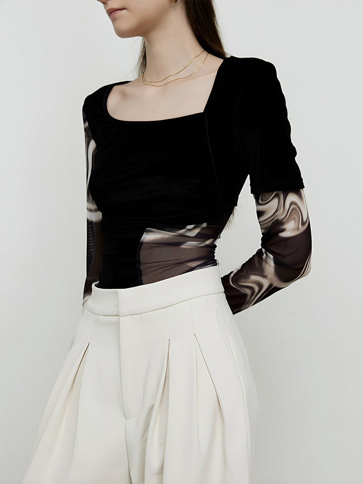 Yarı Şeffaf Geometrik Baskılı File Jersey Üst