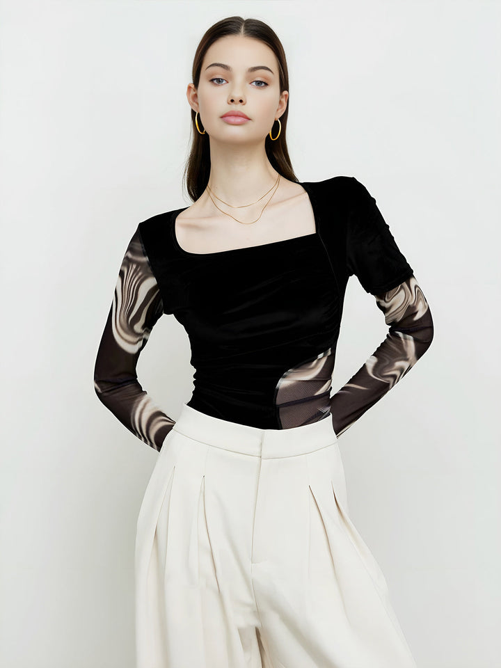 Yarı Şeffaf Geometrik Baskılı File Jersey Üst