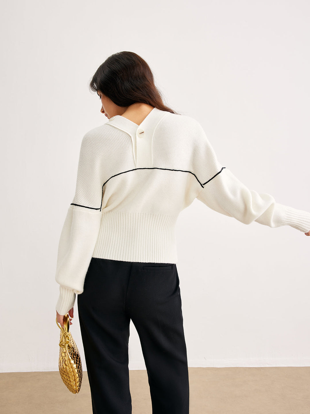 Şık Kontrast Boru Düğmeli Hırka