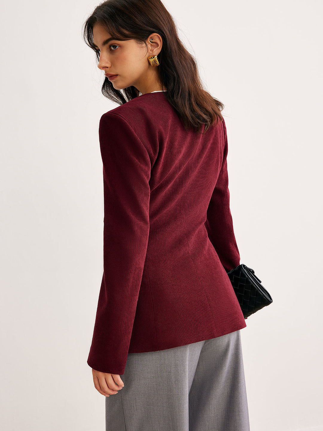 Yuvarlak Yaka Düğmeli Kadife Blazer