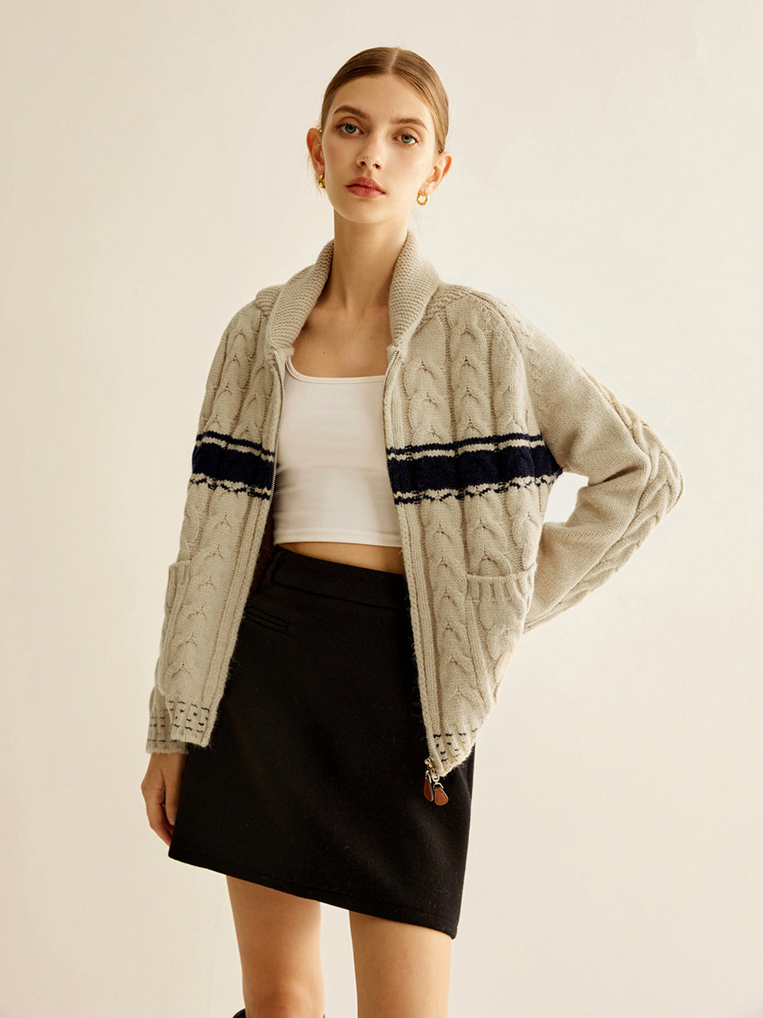 Renk Bloklu Büküm Fermuarlı Örme Dış Giyim