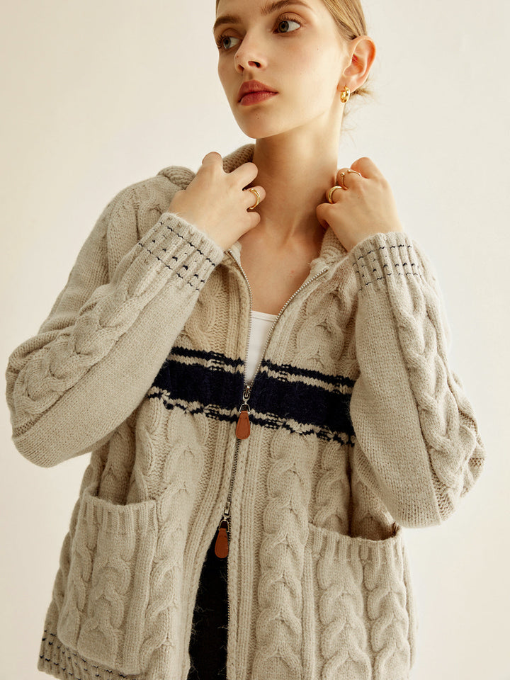 Renk Bloklu Büküm Fermuarlı Örme Dış Giyim