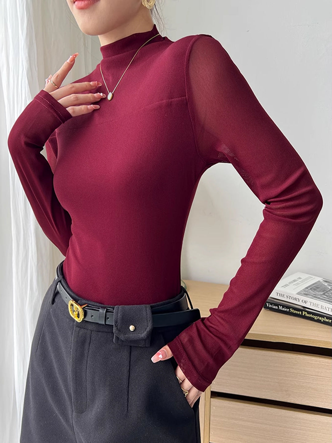 Sahte Yaka Şeffaf Örgü Panel Tişört