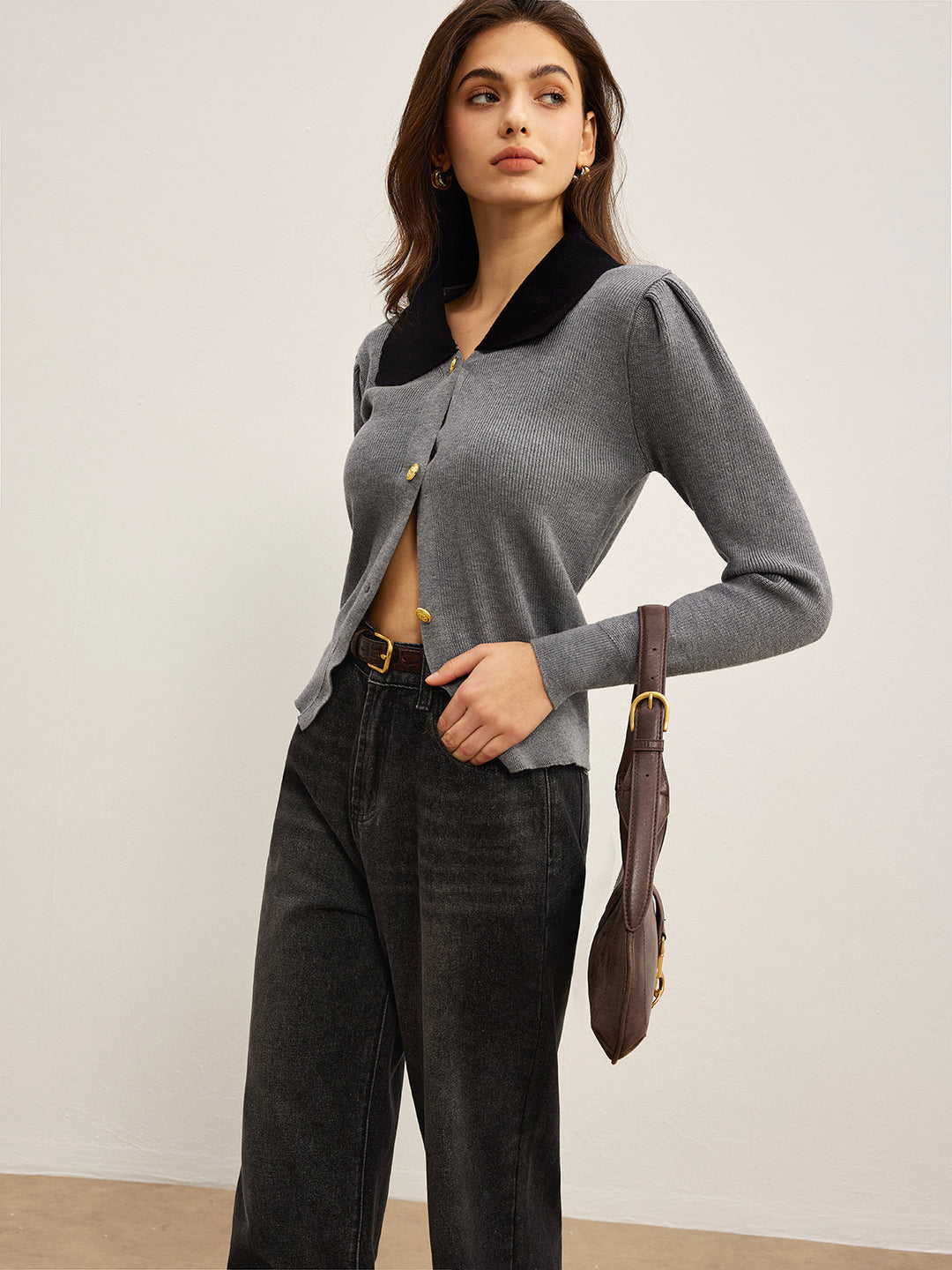 Kontrast Yaka İnce Düğmeli Hırka