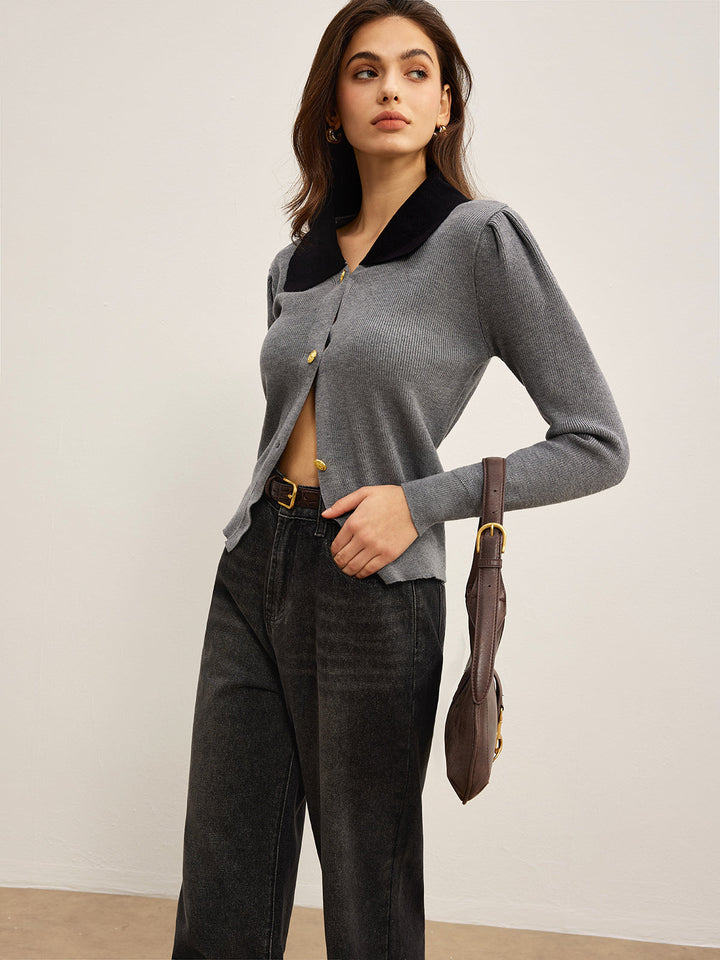 Kontrast Yaka İnce Düğmeli Hırka