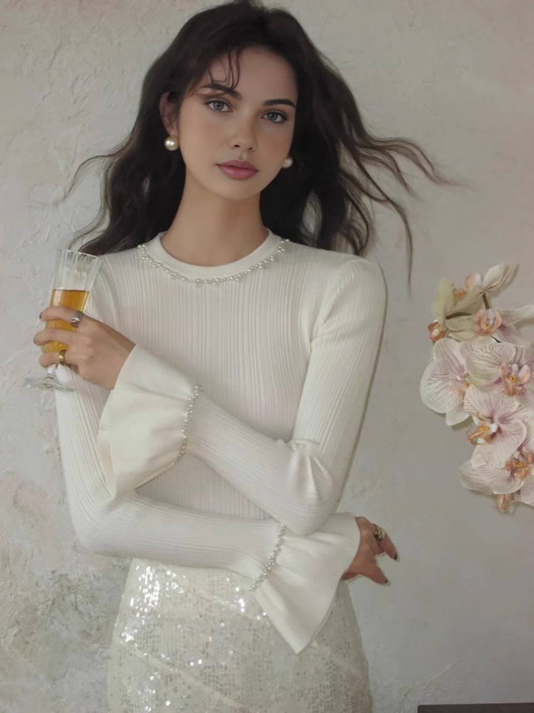 Boncuklu Dekorlu Volanlı Örgü Üst