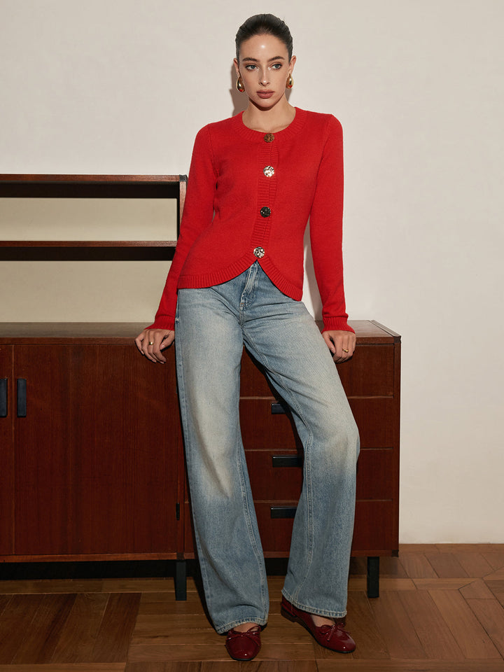 Şık Metal Düğmeli Bölünmüş Hırka