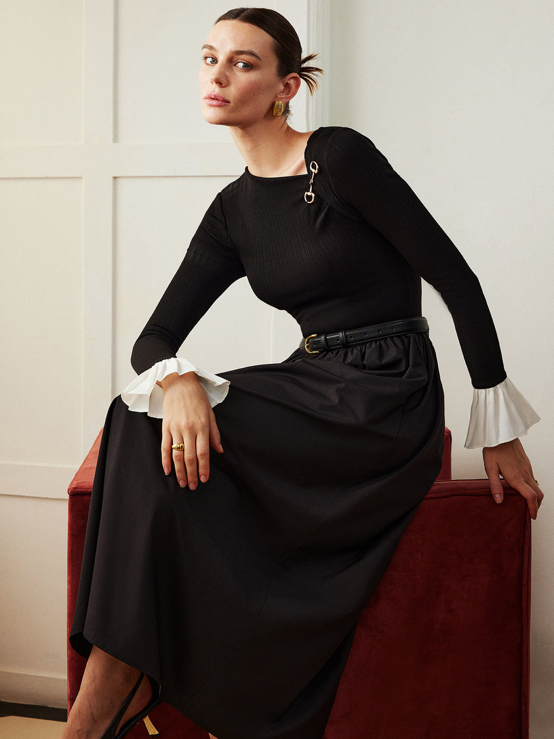 Volanlı Düğme Cep Elbise