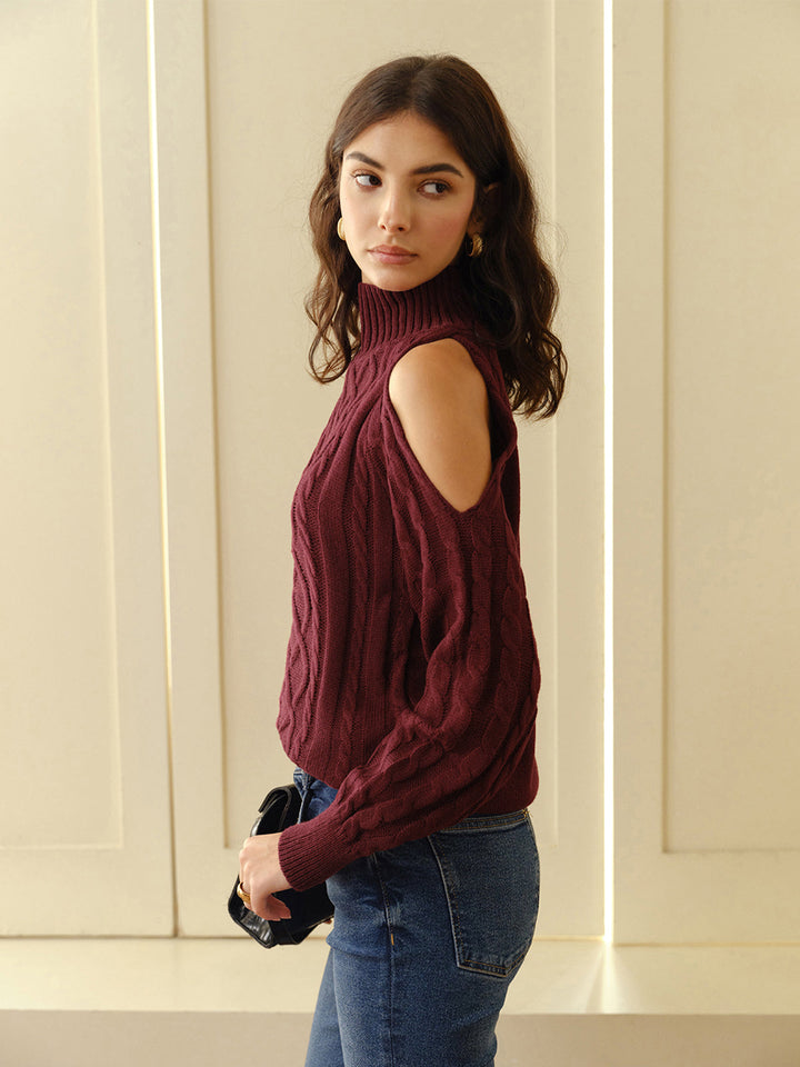 Balıkçı Yaka Soğuk Omuzlu Örgü Üst