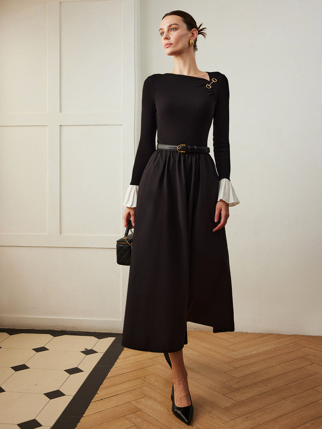 Volanlı Düğme Cep Elbise