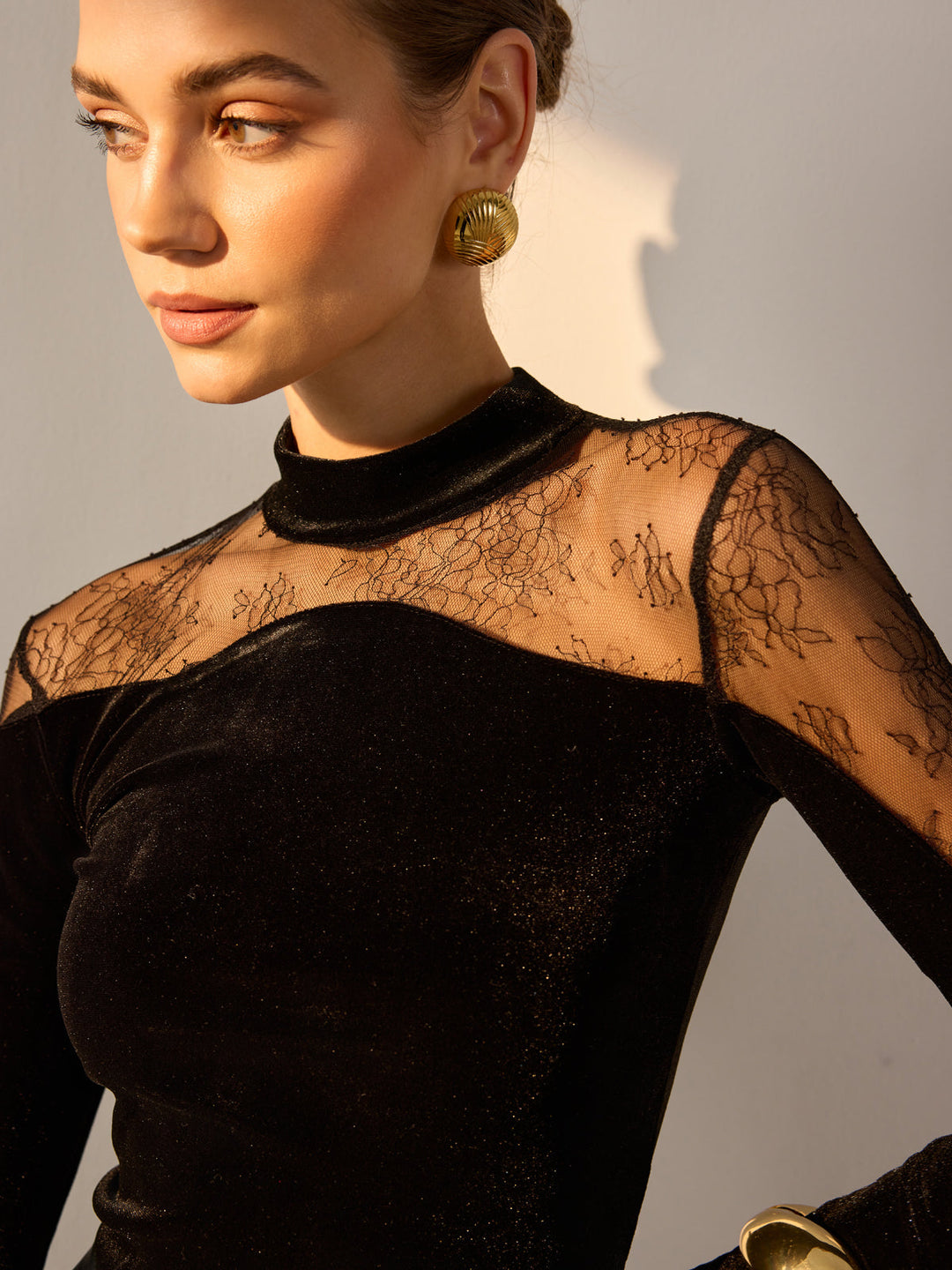 Şeffaf Dantel Panel Kadife İnce Bluz