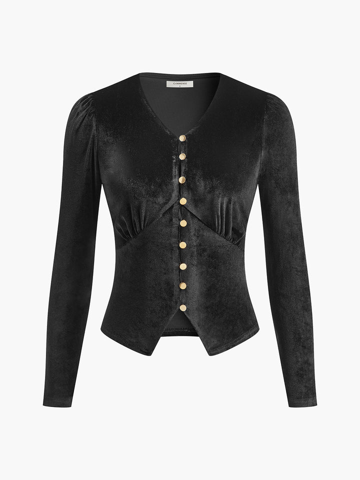 Kadife Bölünmüş Düğmeli Üst