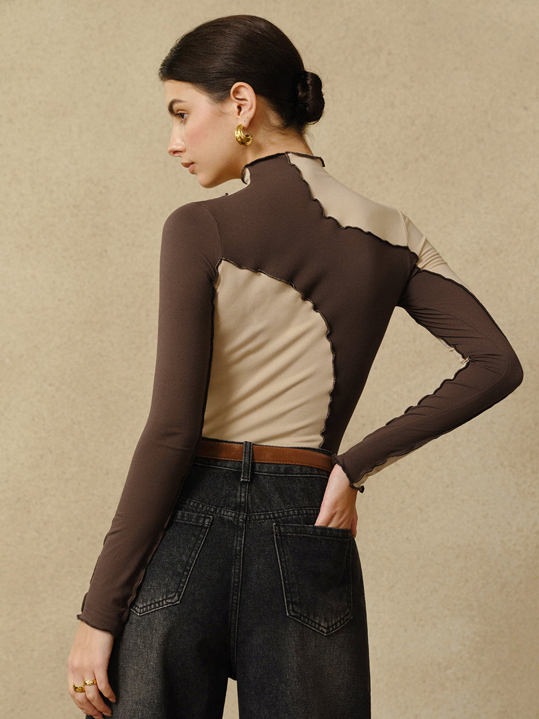 Yarı Şeffaf Renk Bloklu Marul Kenarlı Jersey Üst