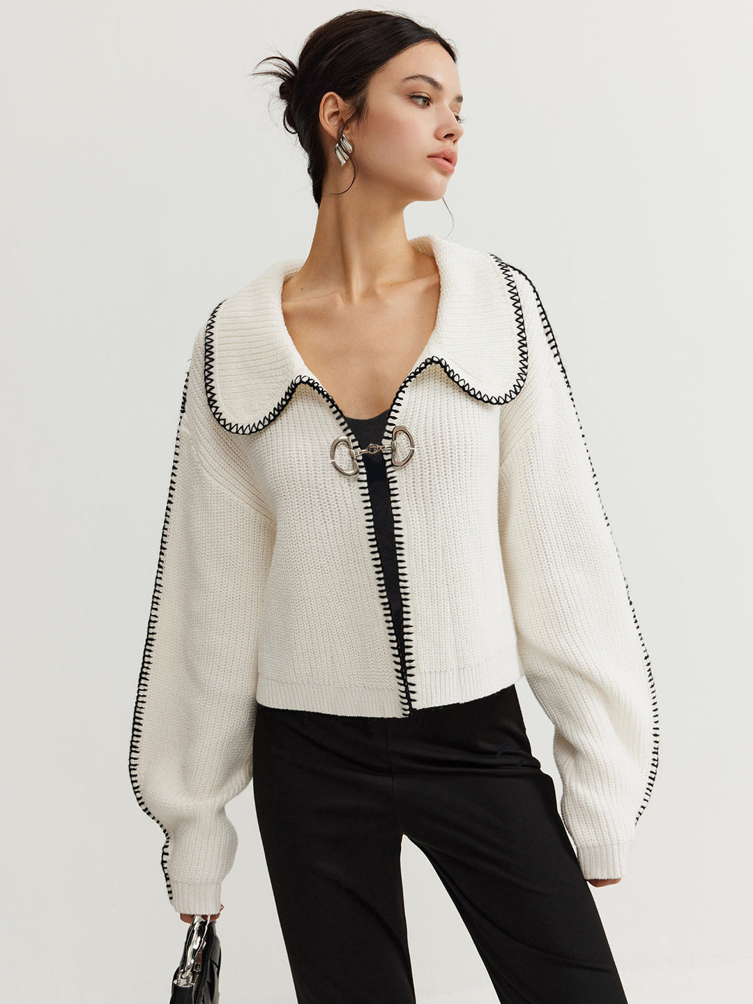 Kontrast Trim Mıknatıs Kapatmalı Örgü Üst