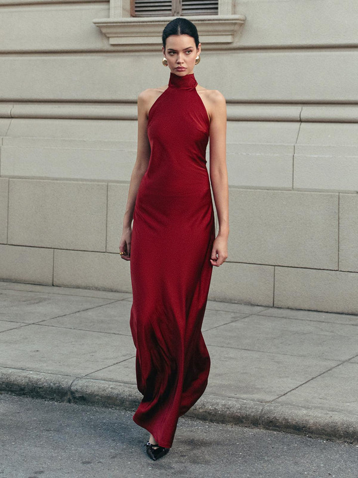 Sırt Dekolteli Bağlama Detaylı Bordo Elbise