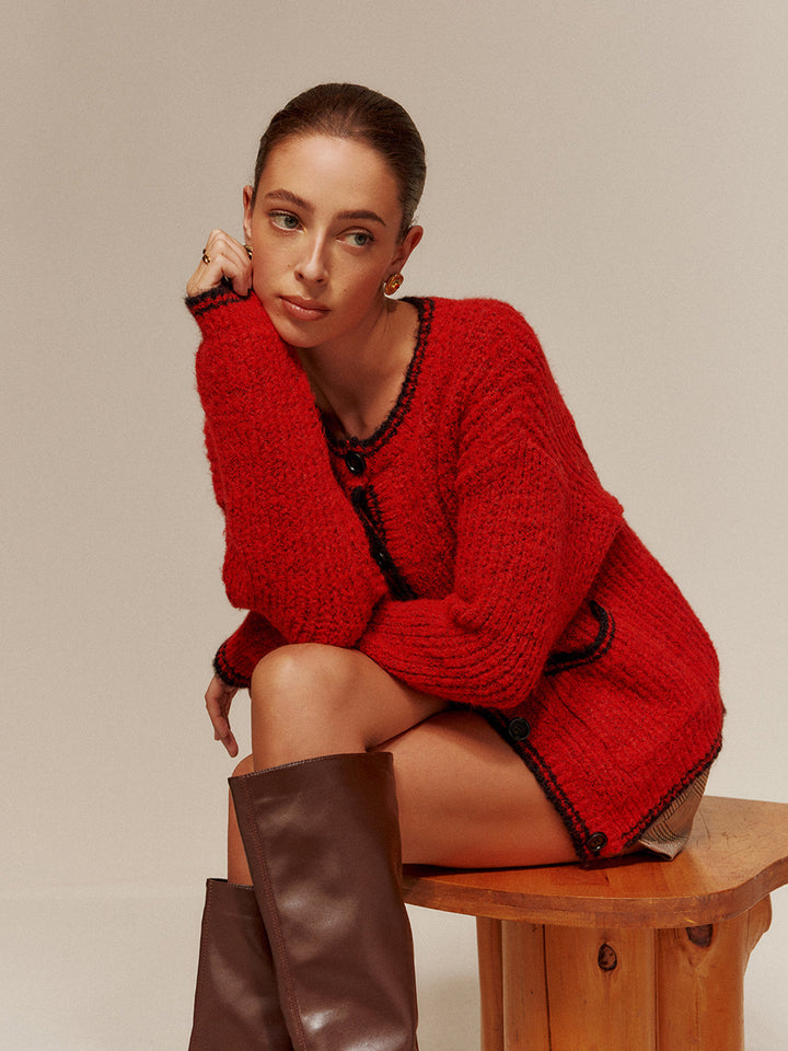 Kontrast Kesim Cepli Düğmeli Hırka