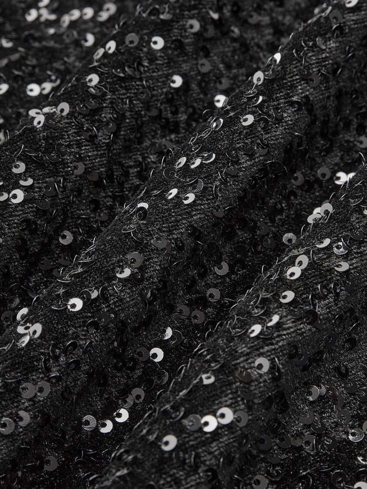 Kadife Payetli Fiyonklu Askılı Elbise