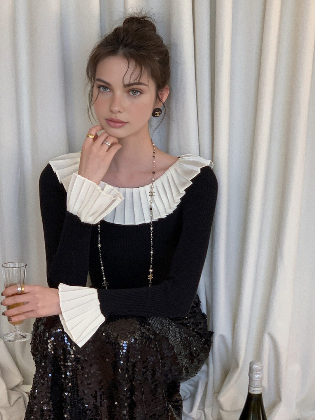 Renk Bloklu Pileli Örgü Üst