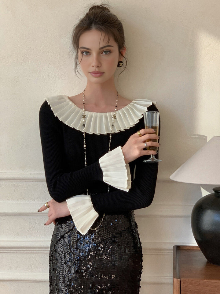 Renk Bloklu Pileli Örgü Üst