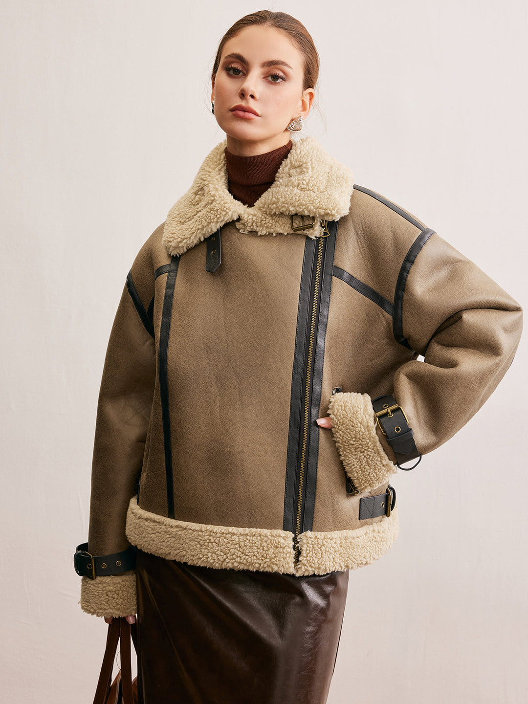 Suni Deri Fermuarlı Teddy Mont