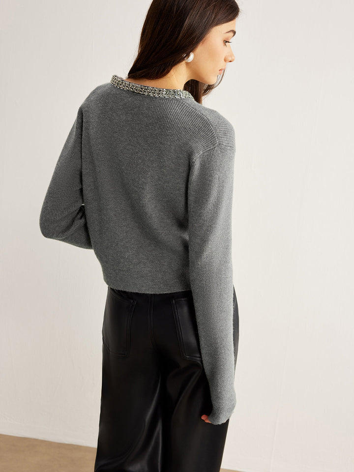 Taşlı Yaka Göğüslü Hırka