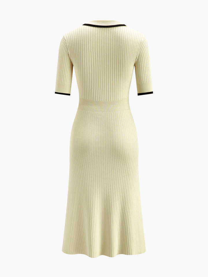 Kontrast Trim Yakalı Kaburga Örgü Kısa Kollu Midi Elbise