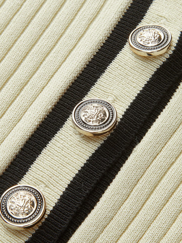 Kontrast Trim Yakalı Kaburga Örgü Kısa Kollu Midi Elbise