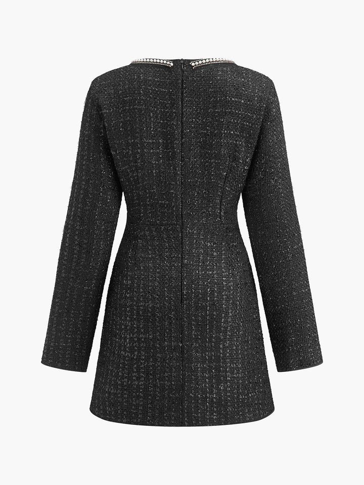 Kare Yaka Boncuklu Kısa Elbise