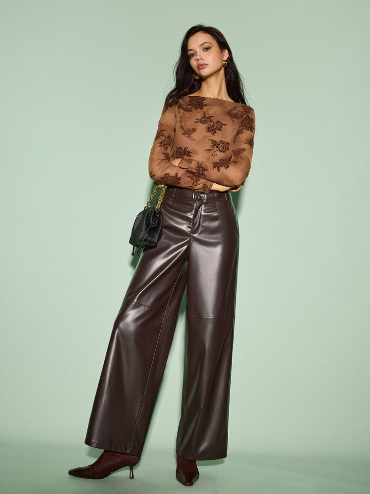 Yarı Şeffaf Düz Yaka Kadife Çiçekli Tişört