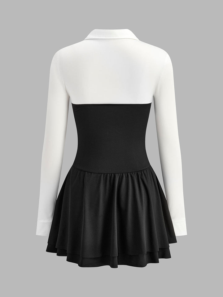 Renk Bloklu Pileli Panel Polo Elbise