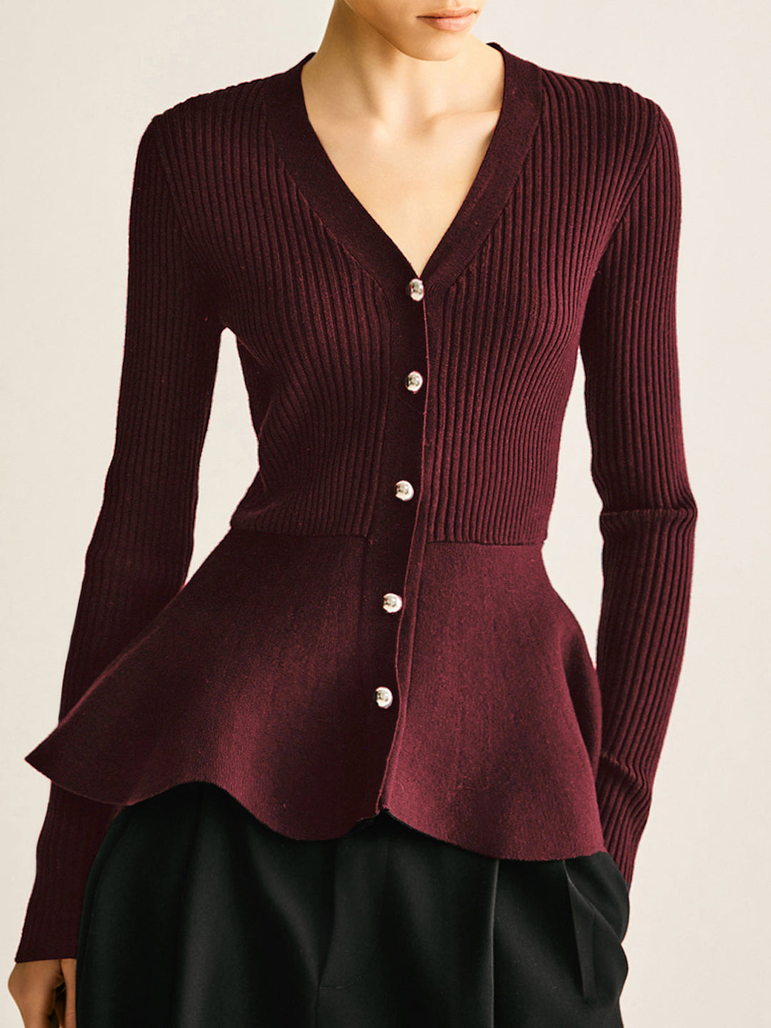 Büyük Boy Yivli Panel Tomurcuk Bel Düğmeli Örgü Üst