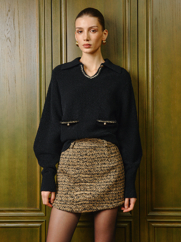 Zarif Kontrast Bağlamalı Anahtar Deliği Yaka Polo Kazak