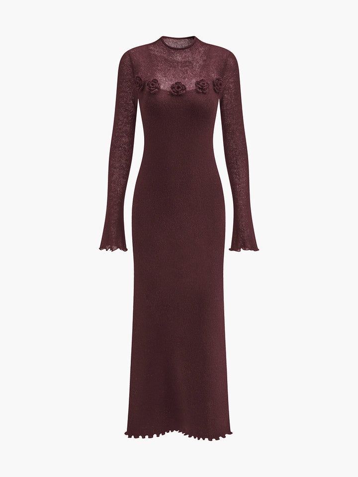 Yün Karışımlı 3D Çiçek Marul Kenarlı Kazak Elbise