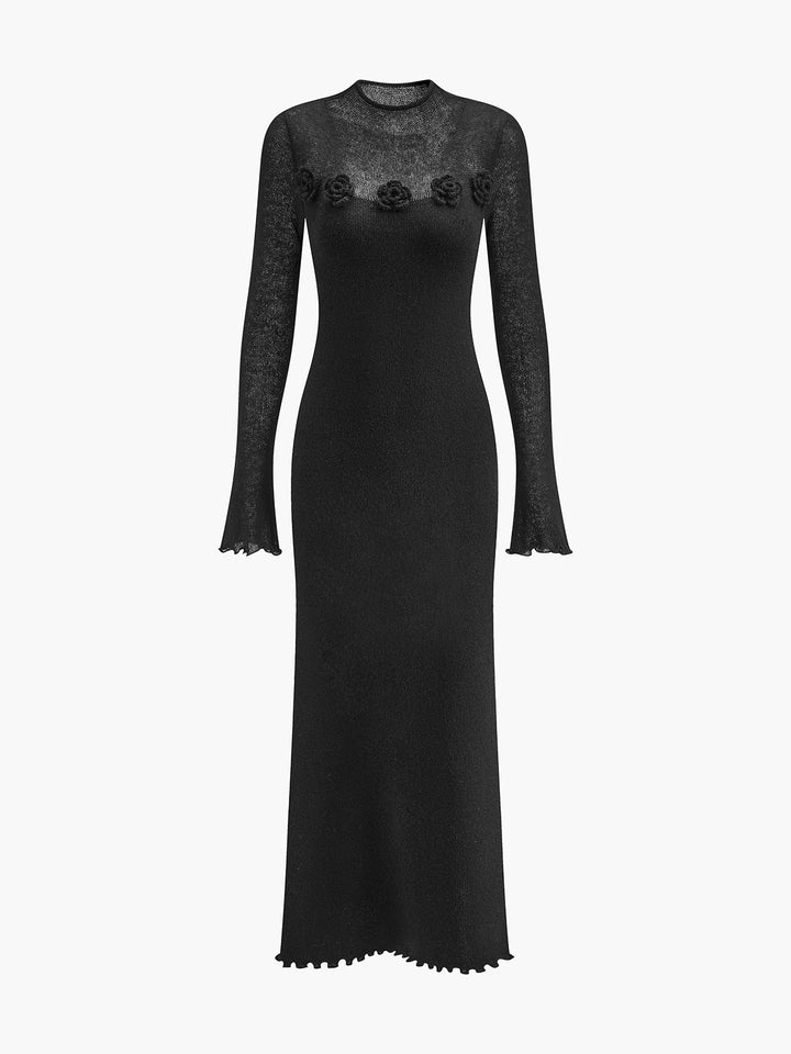 Yün Karışımlı 3D Çiçek Marul Kenarlı Kazak Elbise