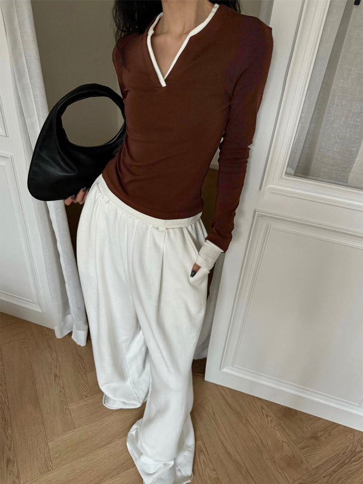 2'Si 1 Arada V Yaka Kontrast Kesim Jersey Üst