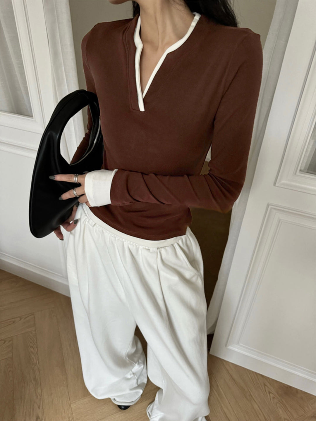 2'Si 1 Arada V Yaka Kontrast Kesim Jersey Üst