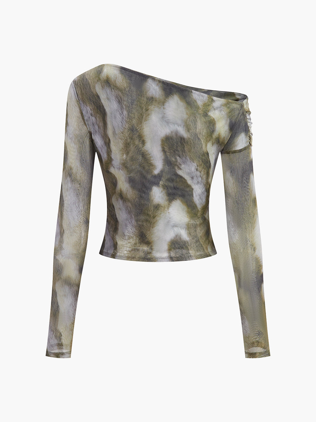 Yarı Şeffaf Asimetrik Baskılı Kırpılmış File Tişört