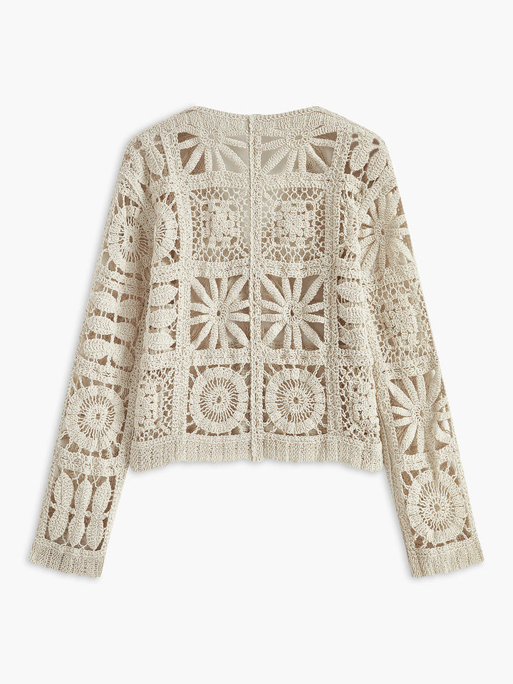 Tığ İşi Kare Desen Düğmeli Ön Hırka