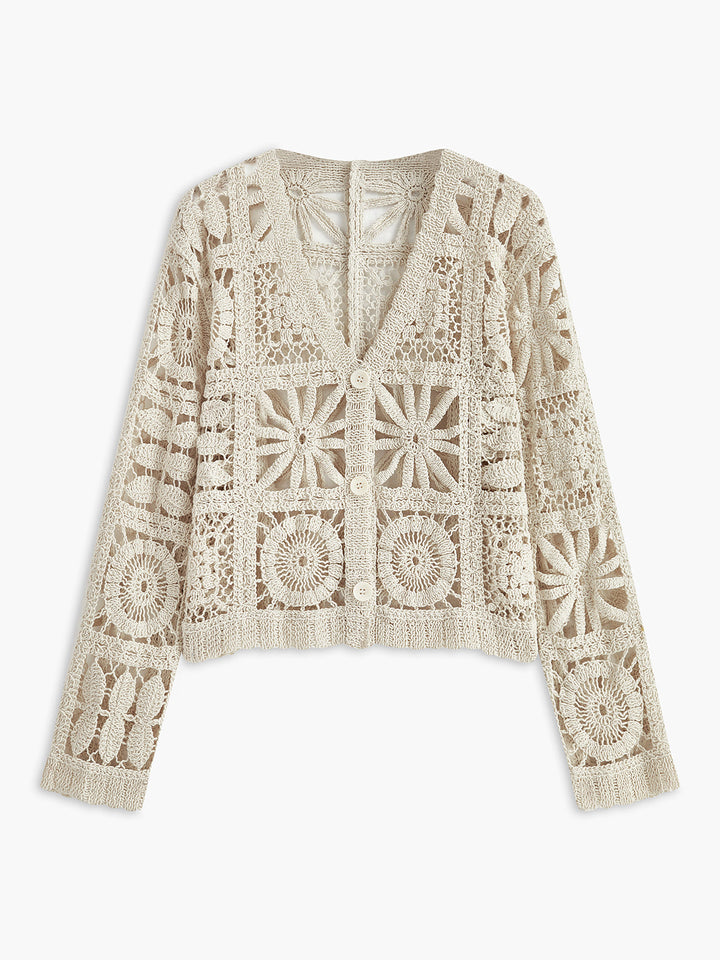 Tığ İşi Kare Desen Düğmeli Ön Hırka