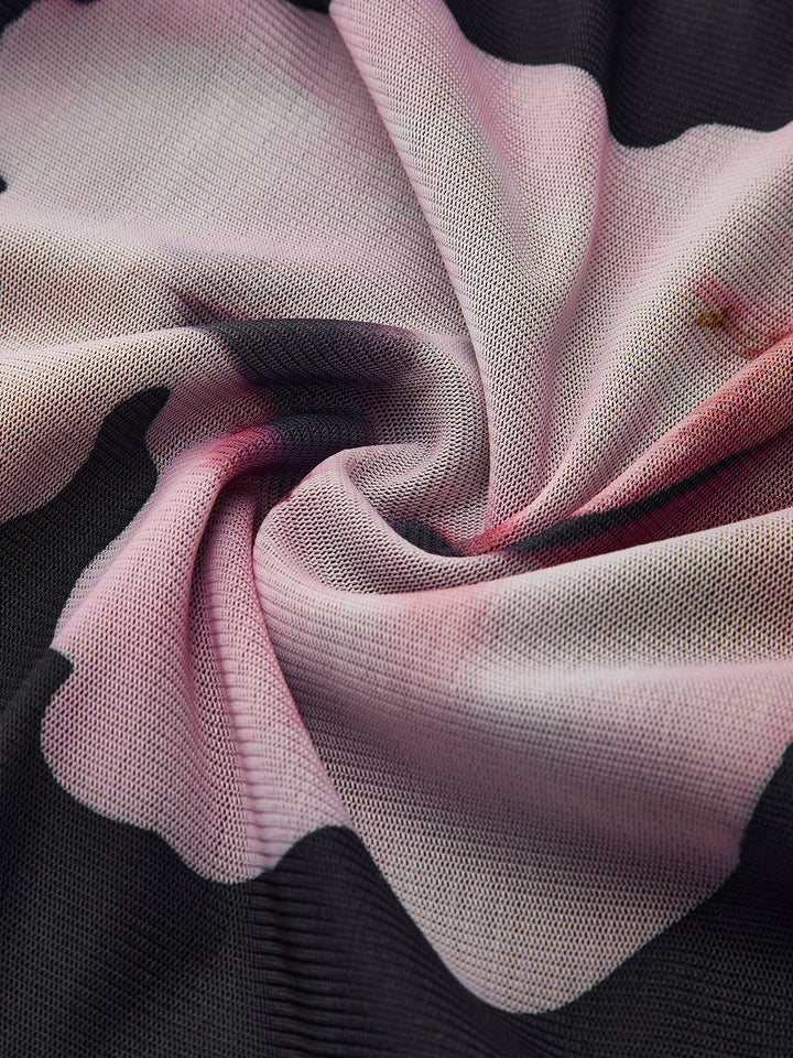 Asimetrik Yaka Çiçekli File Elbise