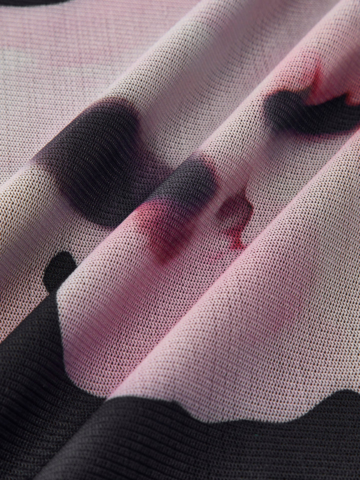 Asimetrik Yaka Çiçekli File Elbise