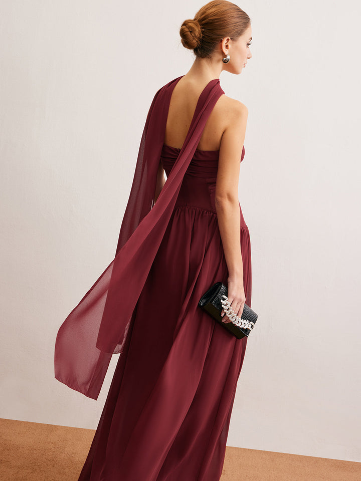 Yarı Şeffaf Kıvrımlı Uzun Kurdeleli Tüp Elbise