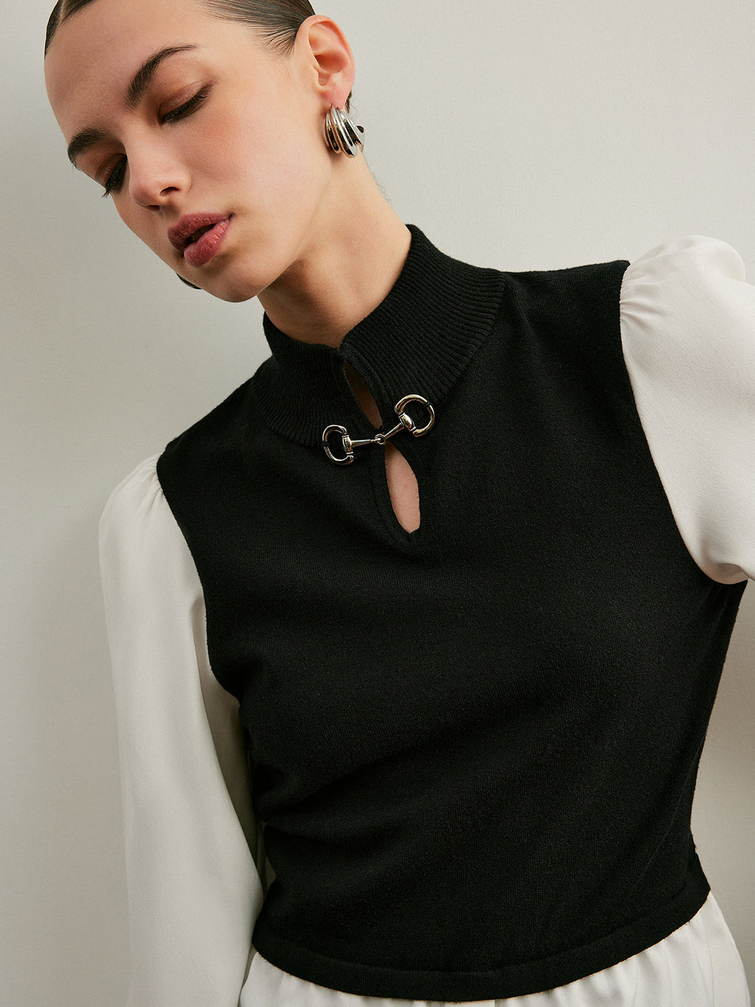 2'Si 1 Arada Renk Bloklu Metal Detaylı Örgü Üst