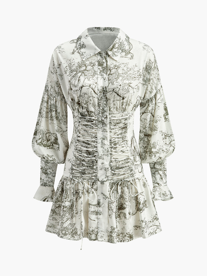 Bağcıklı Ön Çiçekli Puf Kollu Elbise