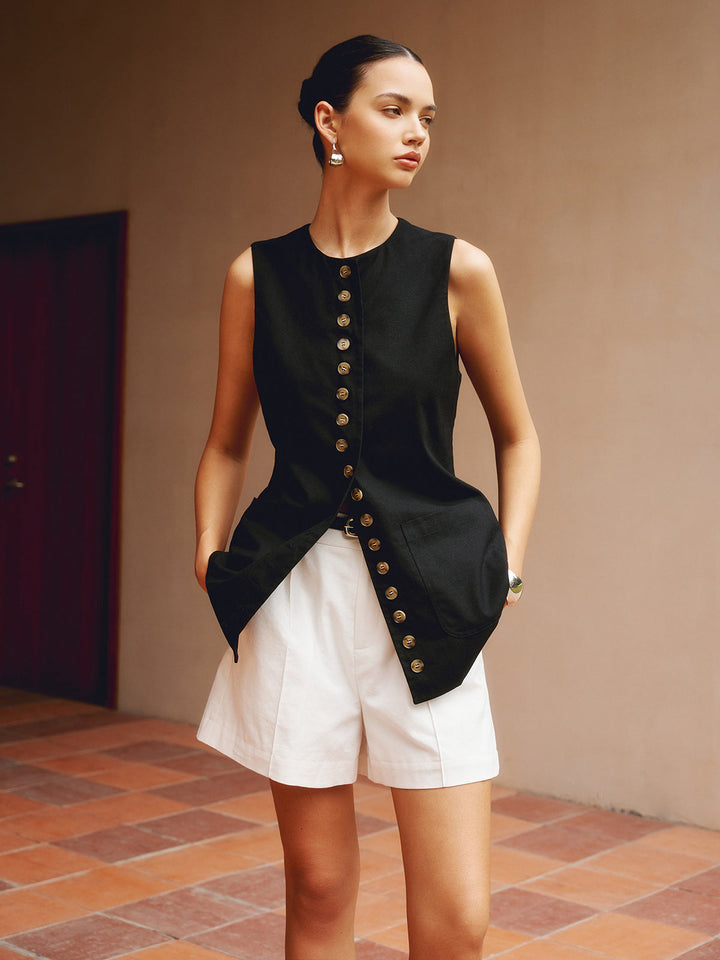 Pamuklu Ve Keten Düğmeli Ön Yelek