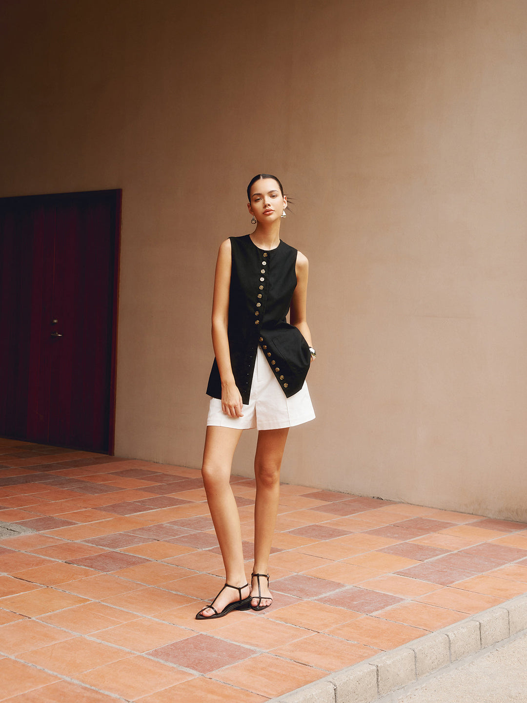 Pamuklu Ve Keten Düğmeli Ön Yelek