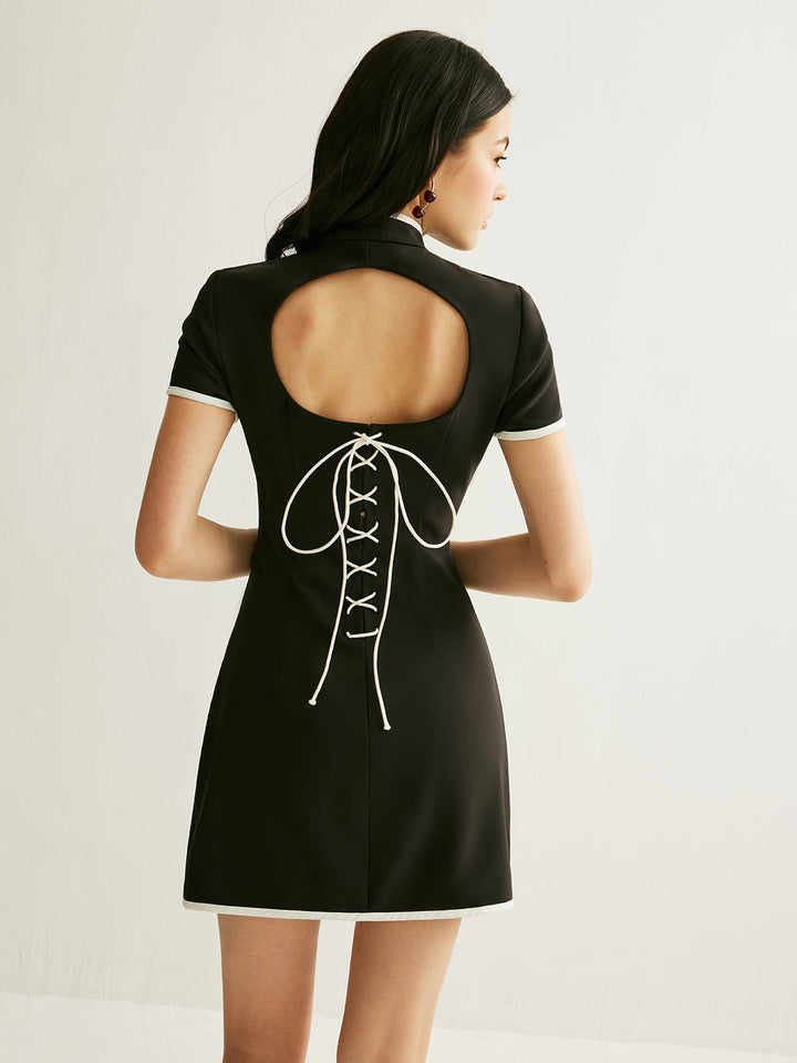 Renk Bloklu Kesik Bağcıklı Elbise