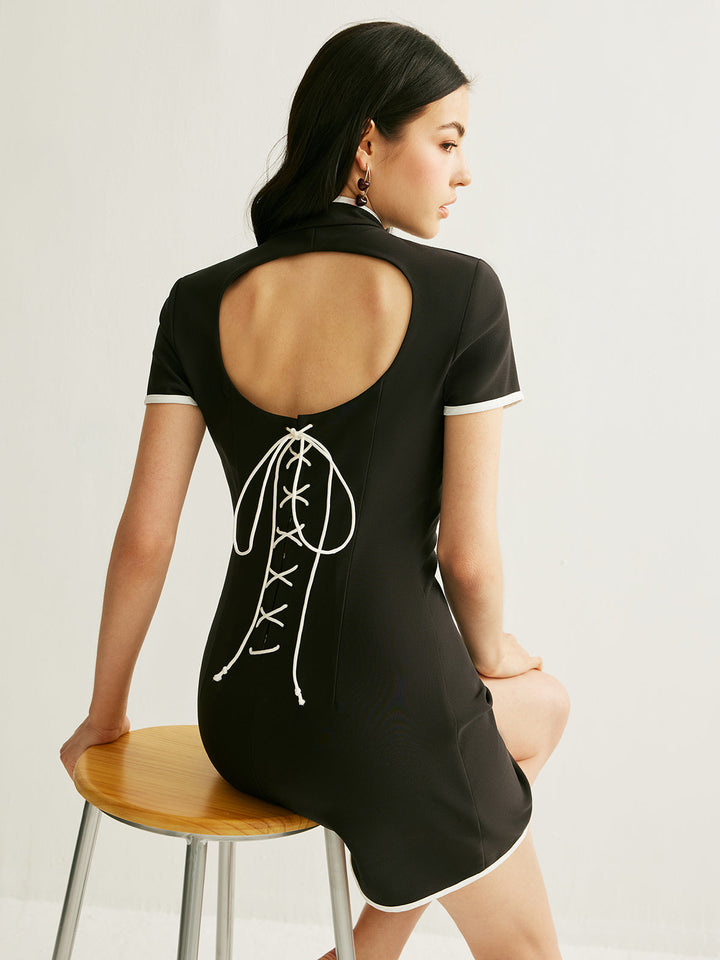 Renk Bloklu Kesik Bağcıklı Elbise