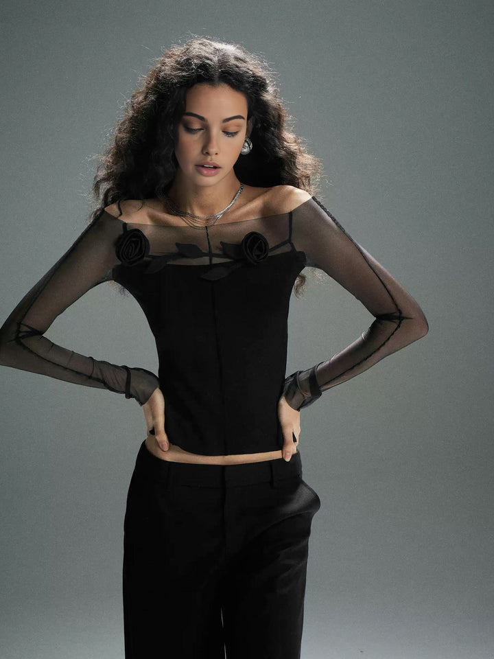 3D Çiçekli Omuzdan Askılı Şeffaf File Panelli Tişört