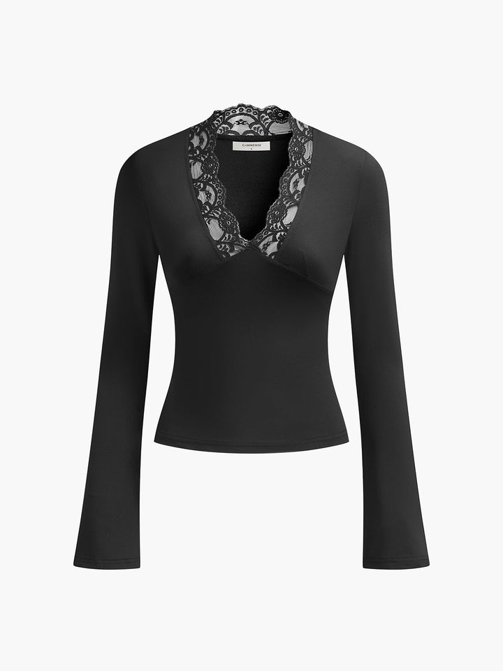 Dantel Kenarlı V Yaka Tişört